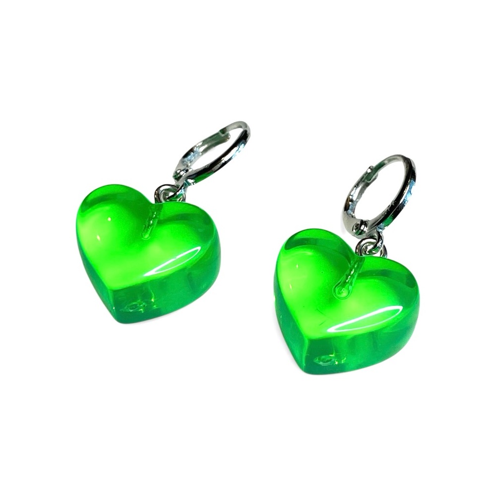 Green Heart Earrings Silver Huggies Hoops Dangle like Gummy Drops